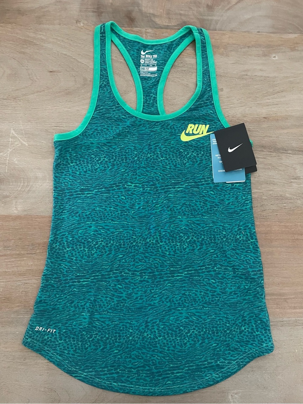 Nike Women's Teal Athletic Racerback Tank with Neon Yellow Logo